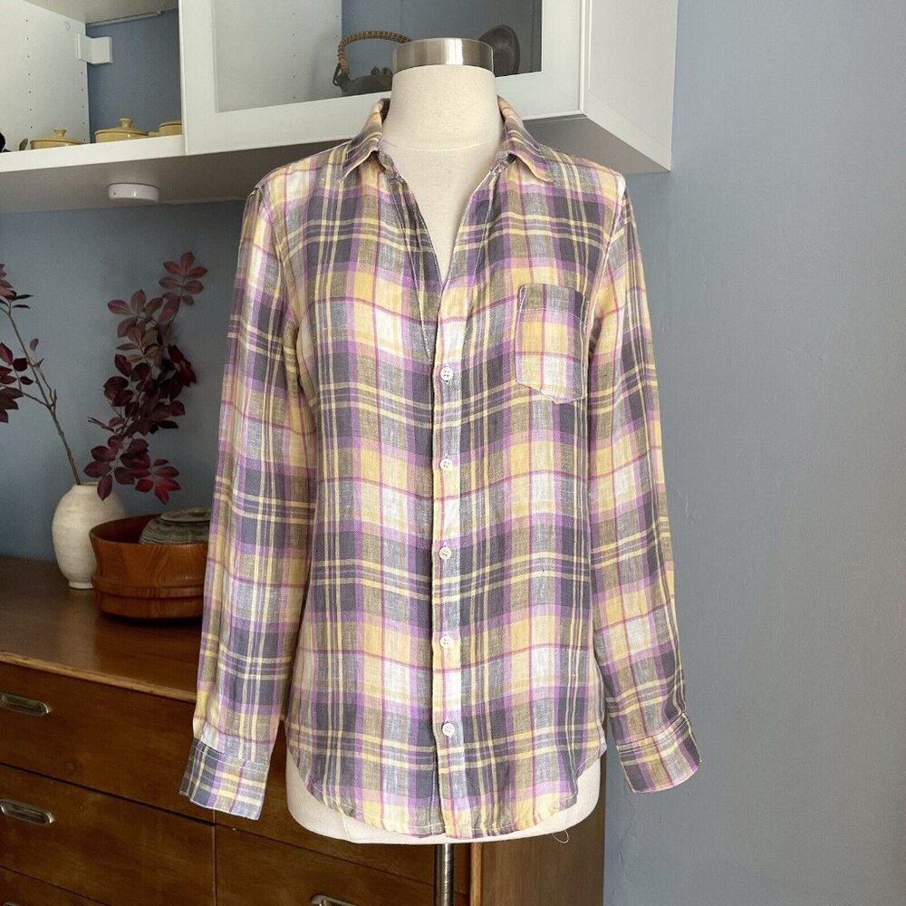 CP Shades Sloane Plaid Linen Bottom Front Shirt Blouse Size XS